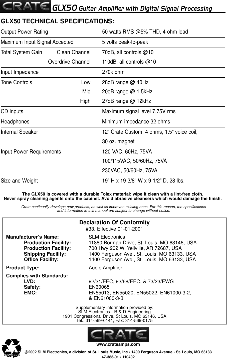 Page 8 of 8 - Crate-Amplifiers Crate-Amplifiers-Glx50-Users-Manual- Crate-amplifiers-glx50-users-manual