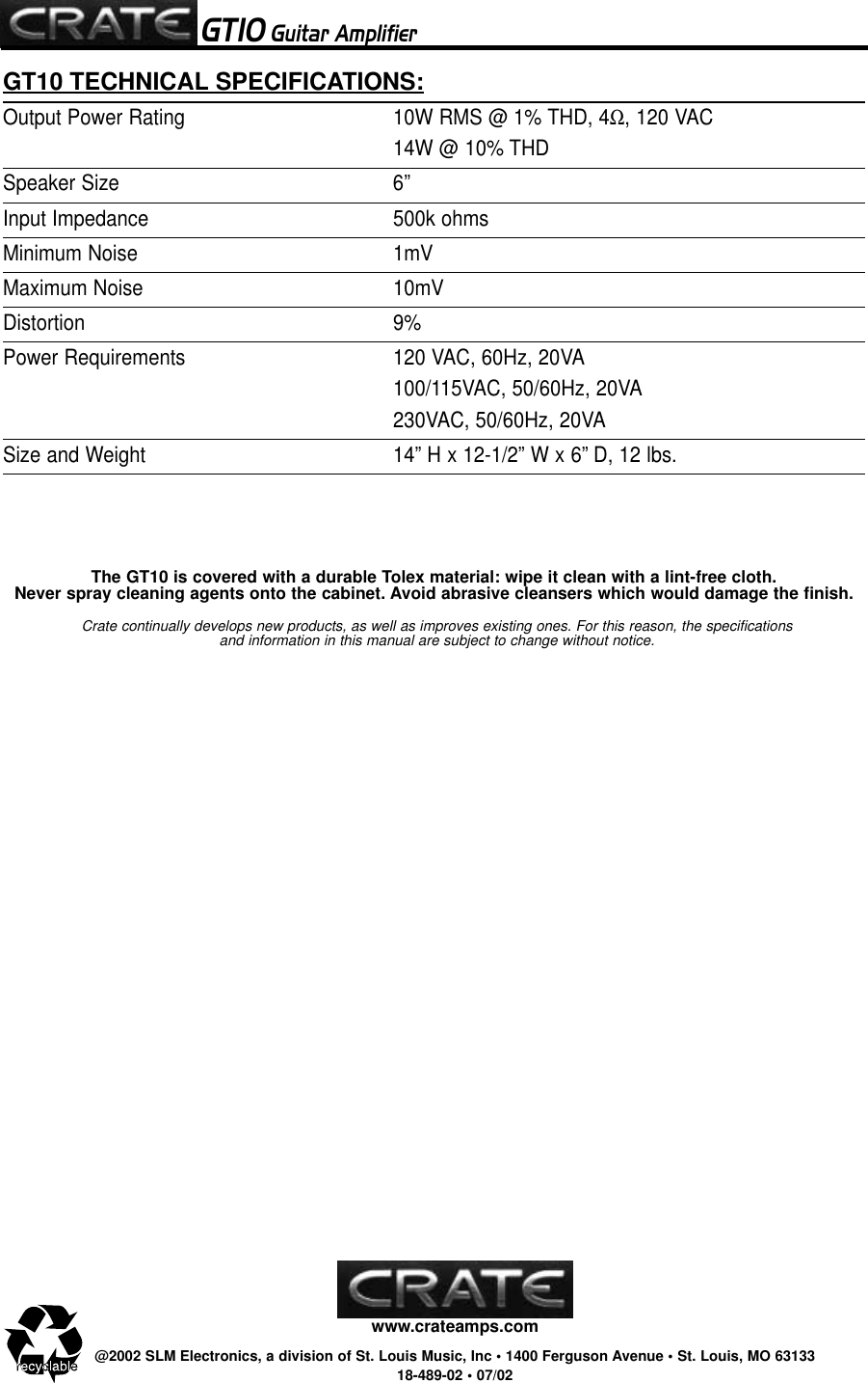 Page 4 of 4 - Crate-Amplifiers Crate-Amplifiers-Gt10-Users-Manual-  Crate-amplifiers-gt10-users-manual