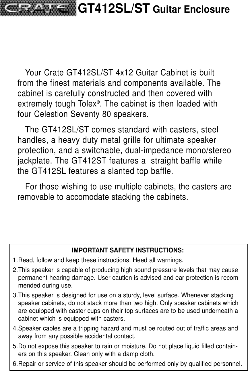 Page 2 of 4 - Crate-Amplifiers Crate-Amplifiers-Gt412Sl-Users-Manual-  Crate-amplifiers-gt412sl-users-manual