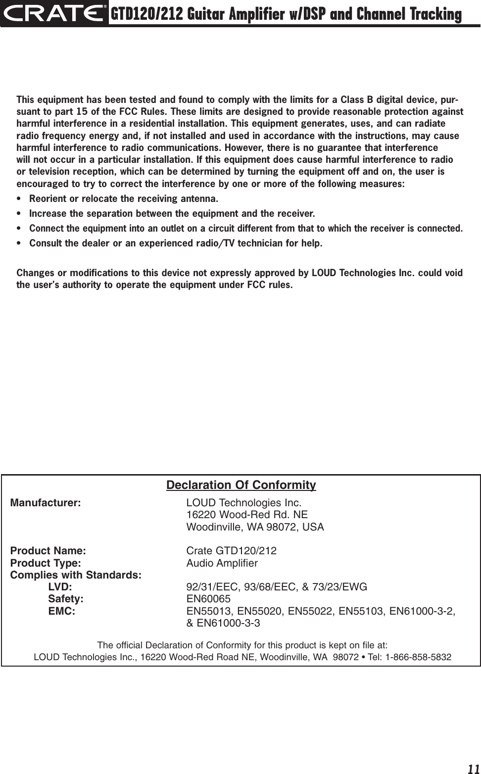 Page 11 of 12 - Crate-Amplifiers Crate-Amplifiers-Gtd120-Users-Manual- GTD120/212 Three-Channel Guitar Amplifier Owner's Manual  Crate-amplifiers-gtd120-users-manual