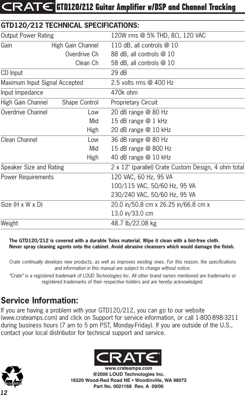 Page 12 of 12 - Crate-Amplifiers Crate-Amplifiers-Gtd120-Users-Manual- GTD120/212 Three-Channel Guitar Amplifier Owner's Manual  Crate-amplifiers-gtd120-users-manual