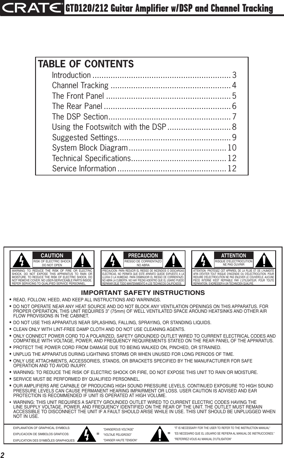 Page 2 of 12 - Crate-Amplifiers Crate-Amplifiers-Gtd120-Users-Manual- GTD120/212 Three-Channel Guitar Amplifier Owner's Manual  Crate-amplifiers-gtd120-users-manual