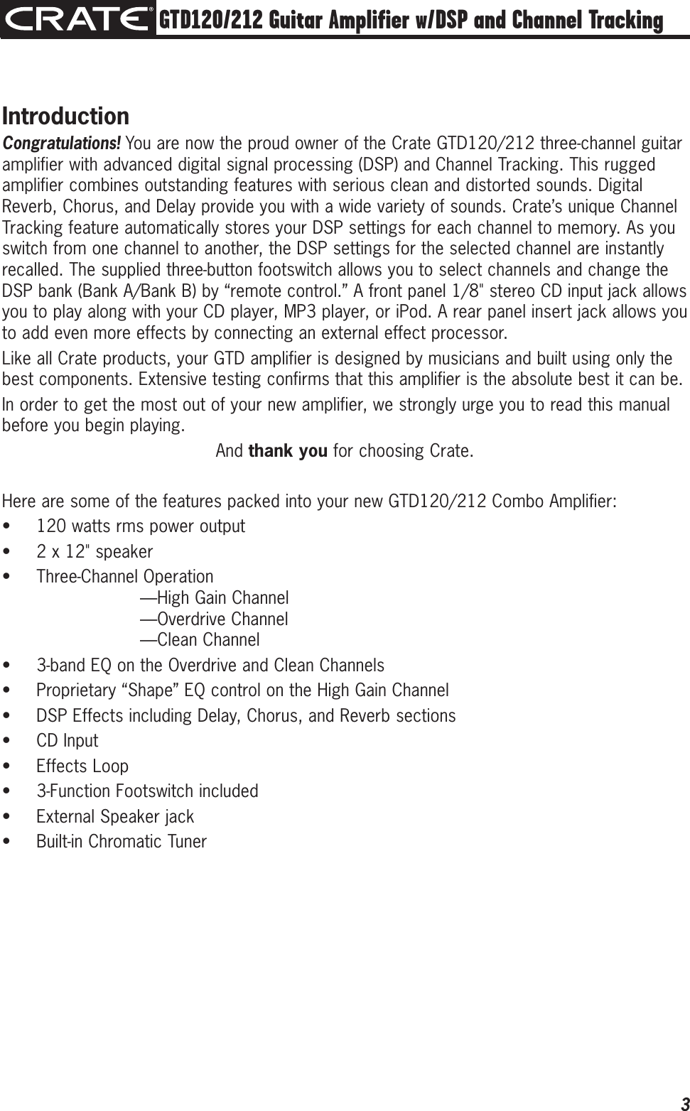 Page 3 of 12 - Crate-Amplifiers Crate-Amplifiers-Gtd120-Users-Manual- GTD120/212 Three-Channel Guitar Amplifier Owner's Manual  Crate-amplifiers-gtd120-users-manual