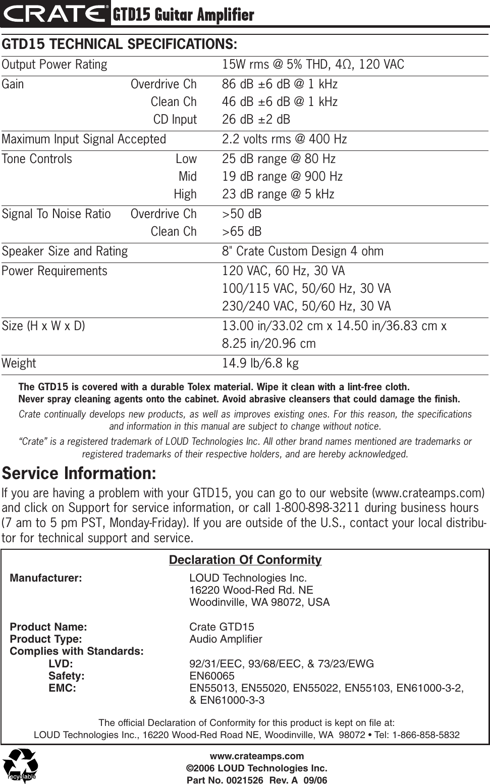 Page 4 of 4 - Crate-Amplifiers Crate-Amplifiers-Gtd15-Users-Manual- GTD15 Guitar Amplifier Owner's Manual  Crate-amplifiers-gtd15-users-manual