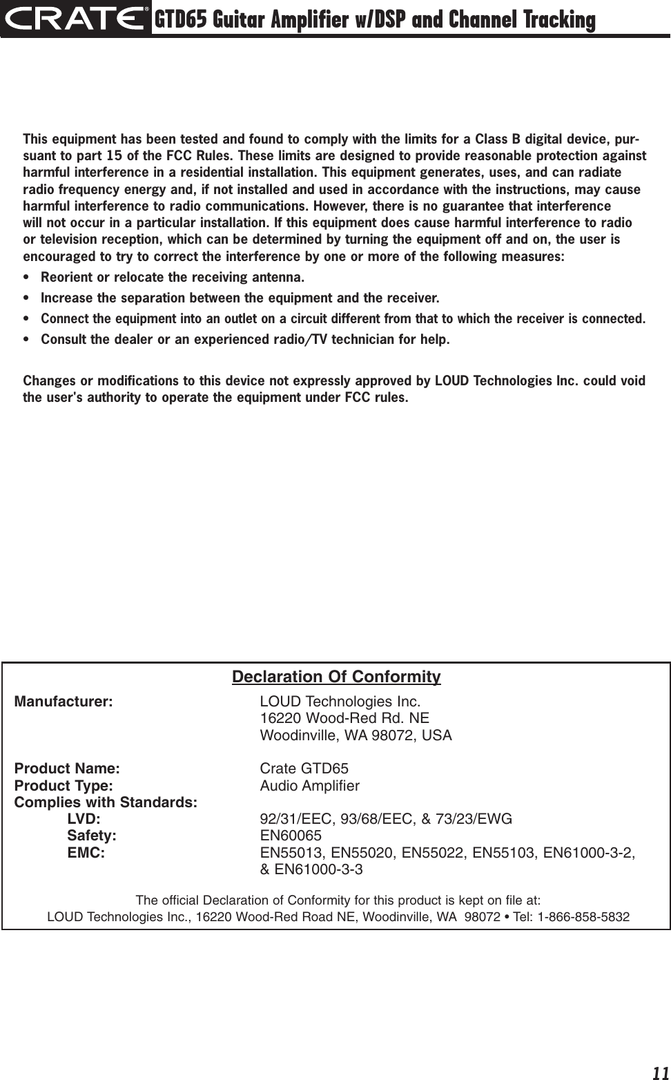 Page 11 of 12 - Crate-Amplifiers Crate-Amplifiers-Gtd65-Users-Manual- GTD65 Three-Channel Guitar Amplifier Owner's Manual  Crate-amplifiers-gtd65-users-manual