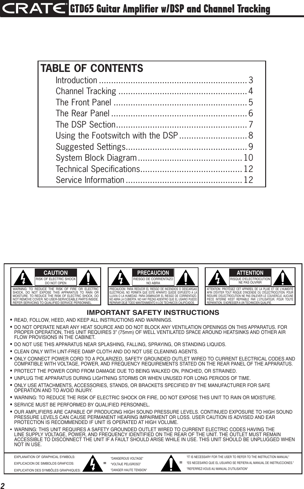 Page 2 of 12 - Crate-Amplifiers Crate-Amplifiers-Gtd65-Users-Manual- GTD65 Three-Channel Guitar Amplifier Owner's Manual  Crate-amplifiers-gtd65-users-manual