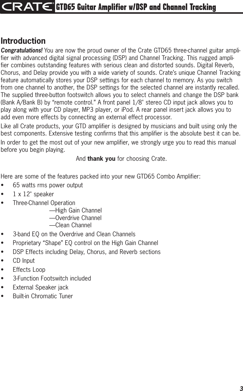 Page 3 of 12 - Crate-Amplifiers Crate-Amplifiers-Gtd65-Users-Manual- GTD65 Three-Channel Guitar Amplifier Owner's Manual  Crate-amplifiers-gtd65-users-manual