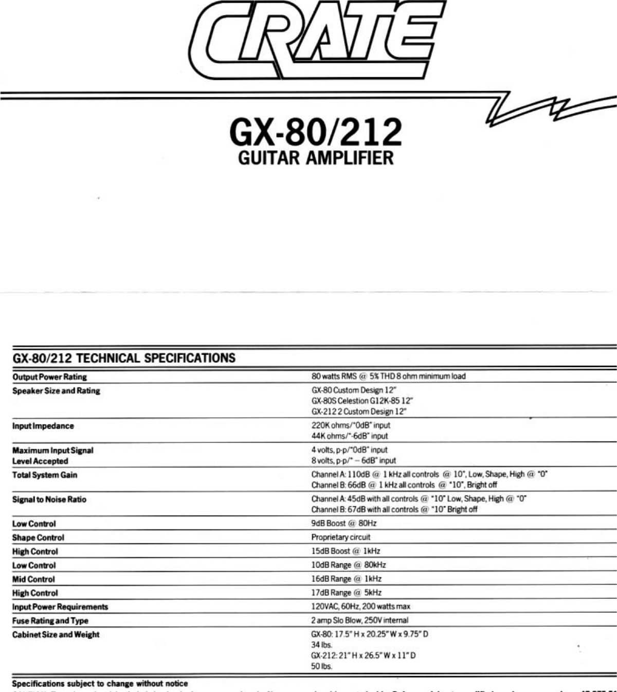 Page 1 of 2 - Crate-Amplifiers Crate-Amplifiers-Gx-80-Users-Manual-  Crate-amplifiers-gx-80-users-manual