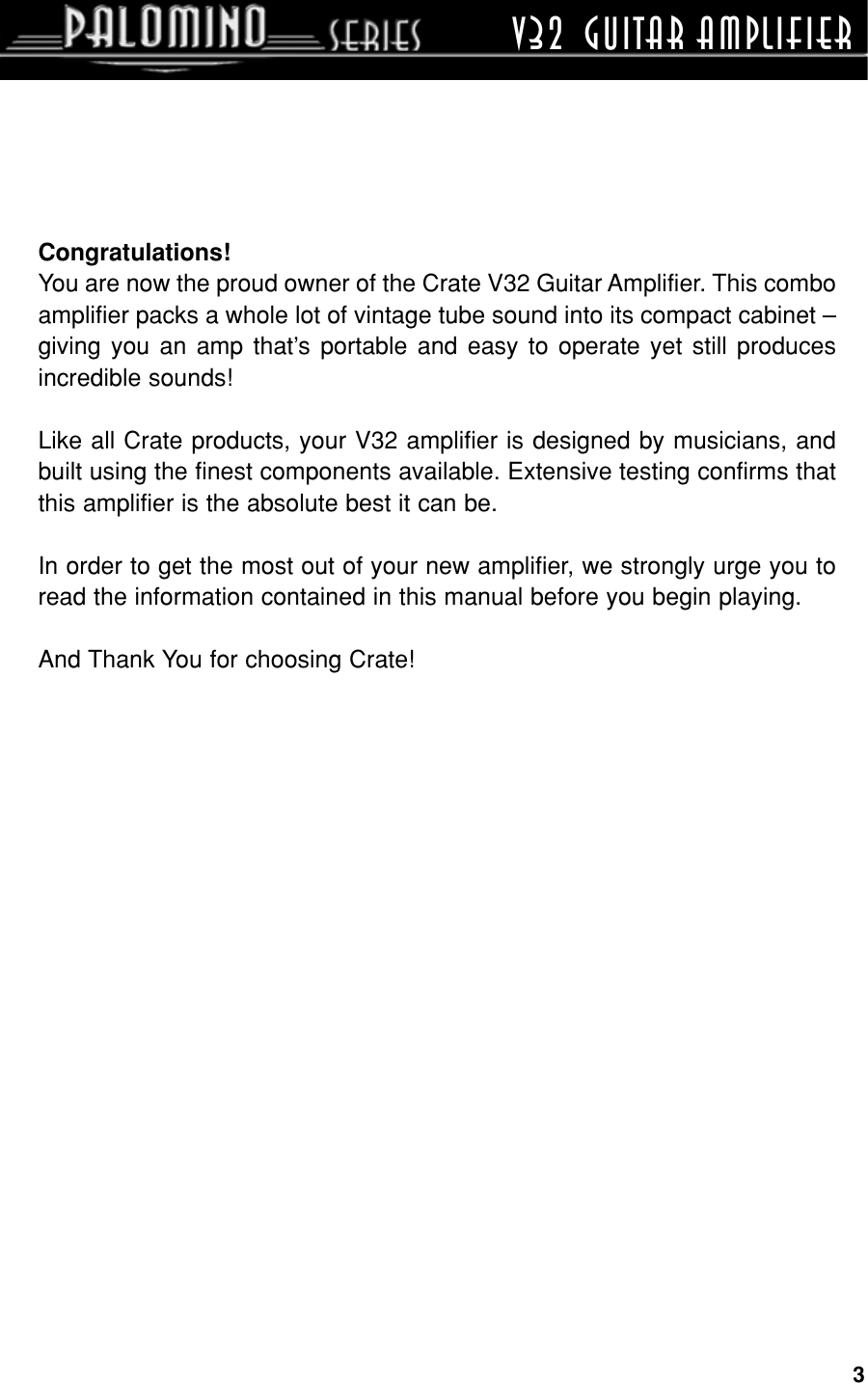 Page 3 of 12 - Crate-Amplifiers Crate-Amplifiers-Palomino-V32-Users-Manual-  Crate-amplifiers-palomino-v32-users-manual