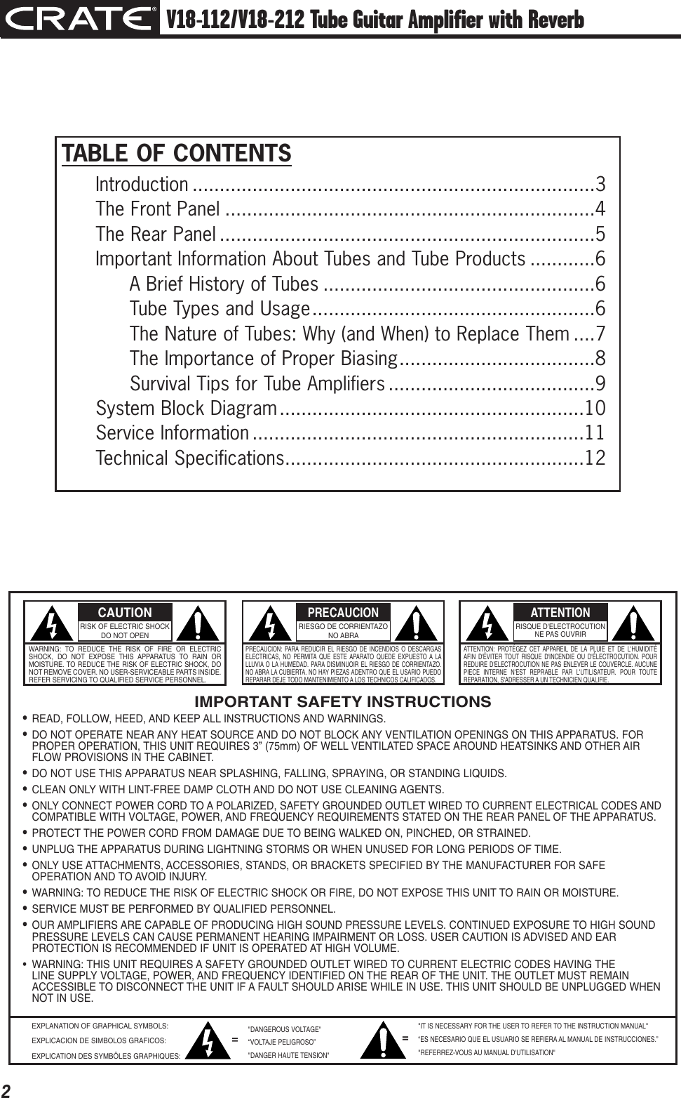 Page 2 of 12 - Crate-Amplifiers Crate-Amplifiers-V18-112-Users-Manual- V18-112/V18-212 Tube Guitar Amplifier With Reverb Owner's Manual  Crate-amplifiers-v18-112-users-manual