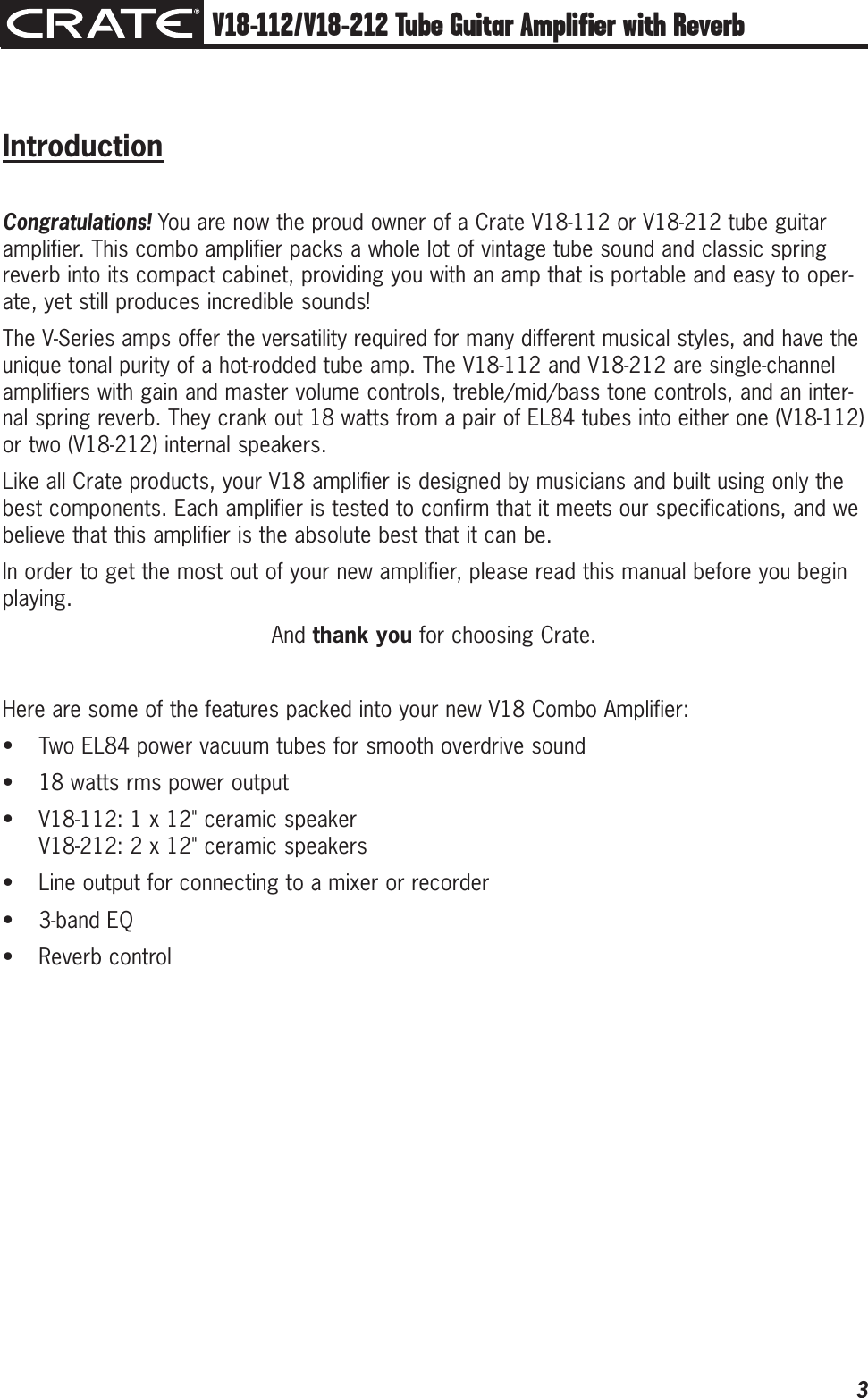 Page 3 of 12 - Crate-Amplifiers Crate-Amplifiers-V18-112-Users-Manual- V18-112/V18-212 Tube Guitar Amplifier With Reverb Owner's Manual  Crate-amplifiers-v18-112-users-manual