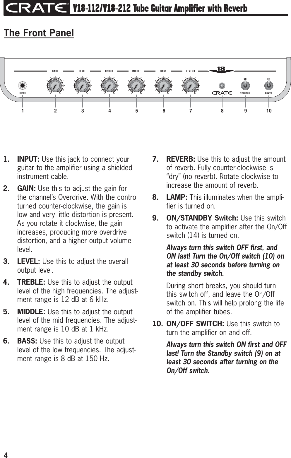 Page 4 of 12 - Crate-Amplifiers Crate-Amplifiers-V18-112-Users-Manual- V18-112/V18-212 Tube Guitar Amplifier With Reverb Owner's Manual  Crate-amplifiers-v18-112-users-manual