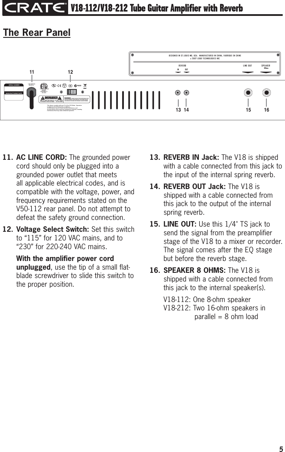 Page 5 of 12 - Crate-Amplifiers Crate-Amplifiers-V18-112-Users-Manual- V18-112/V18-212 Tube Guitar Amplifier With Reverb Owner's Manual  Crate-amplifiers-v18-112-users-manual