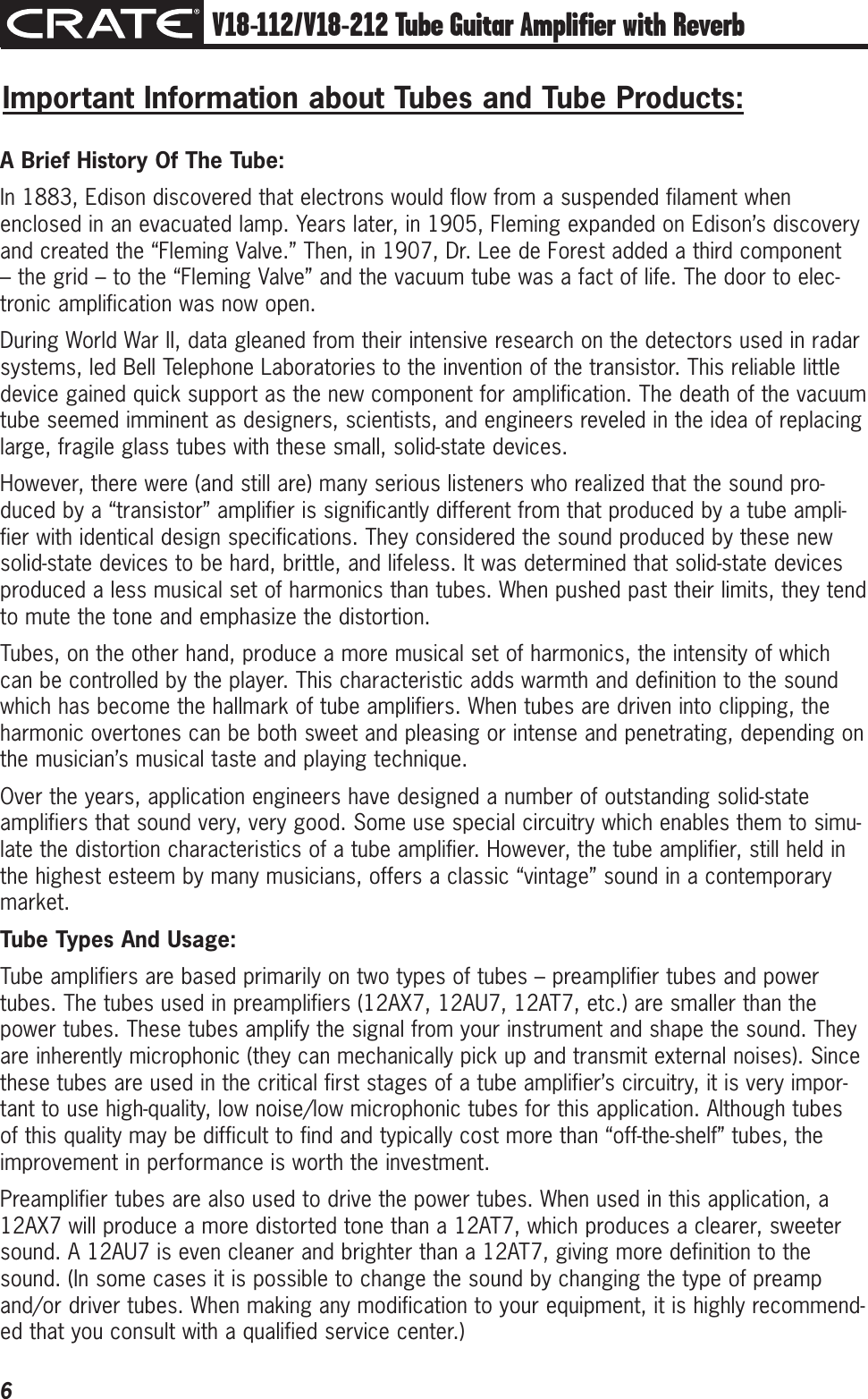 Page 6 of 12 - Crate-Amplifiers Crate-Amplifiers-V18-112-Users-Manual- V18-112/V18-212 Tube Guitar Amplifier With Reverb Owner's Manual  Crate-amplifiers-v18-112-users-manual