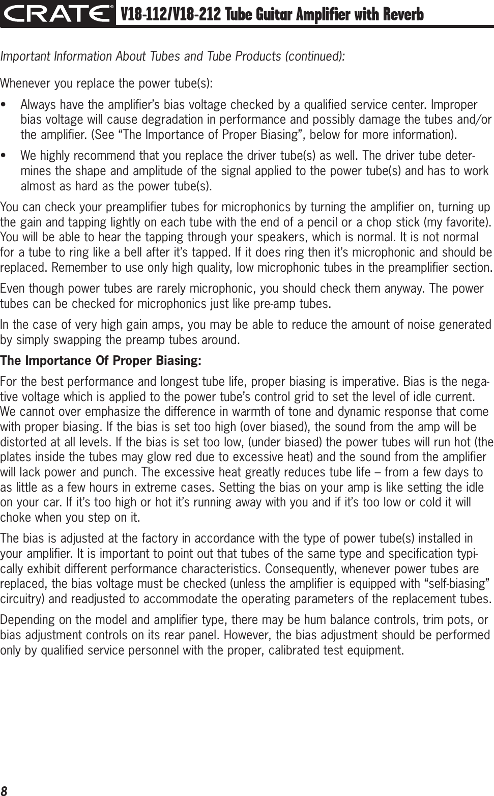 Page 8 of 12 - Crate-Amplifiers Crate-Amplifiers-V18-112-Users-Manual- V18-112/V18-212 Tube Guitar Amplifier With Reverb Owner's Manual  Crate-amplifiers-v18-112-users-manual
