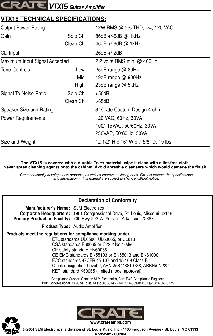 Page 4 of 4 - Crate-Amplifiers Crate-Amplifiers-Vtx15-Users-Manual-  Crate-amplifiers-vtx15-users-manual