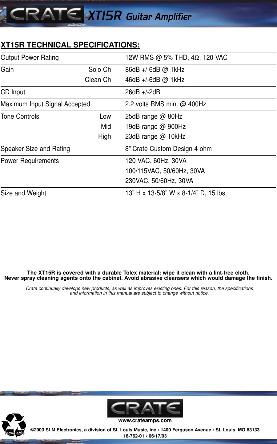 Page 4 of 4 - Crate-Amplifiers Crate-Amplifiers-Xt15R-Users-Manual-  Crate-amplifiers-xt15r-users-manual