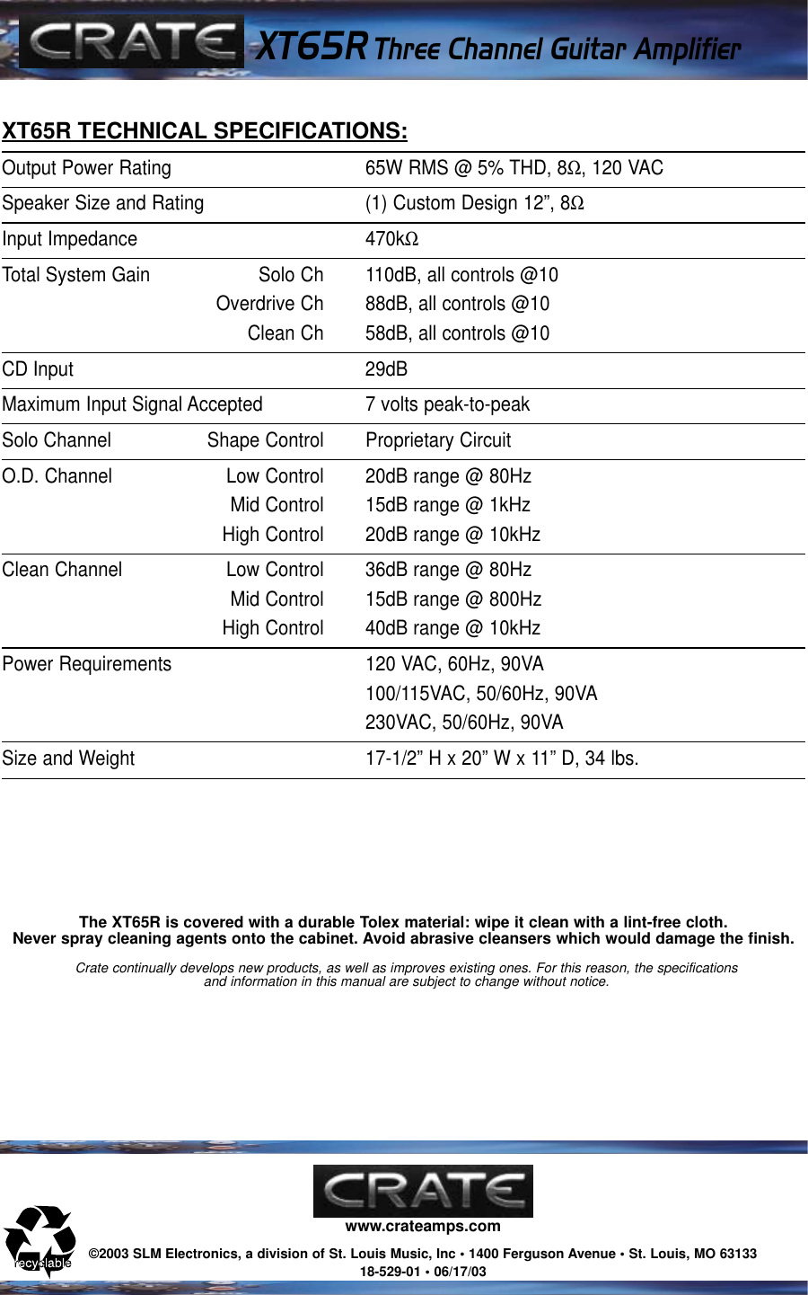 Page 8 of 8 - Crate-Amplifiers Crate-Amplifiers-Xt-65-R-Users-Manual-  Crate-amplifiers-xt-65-r-users-manual