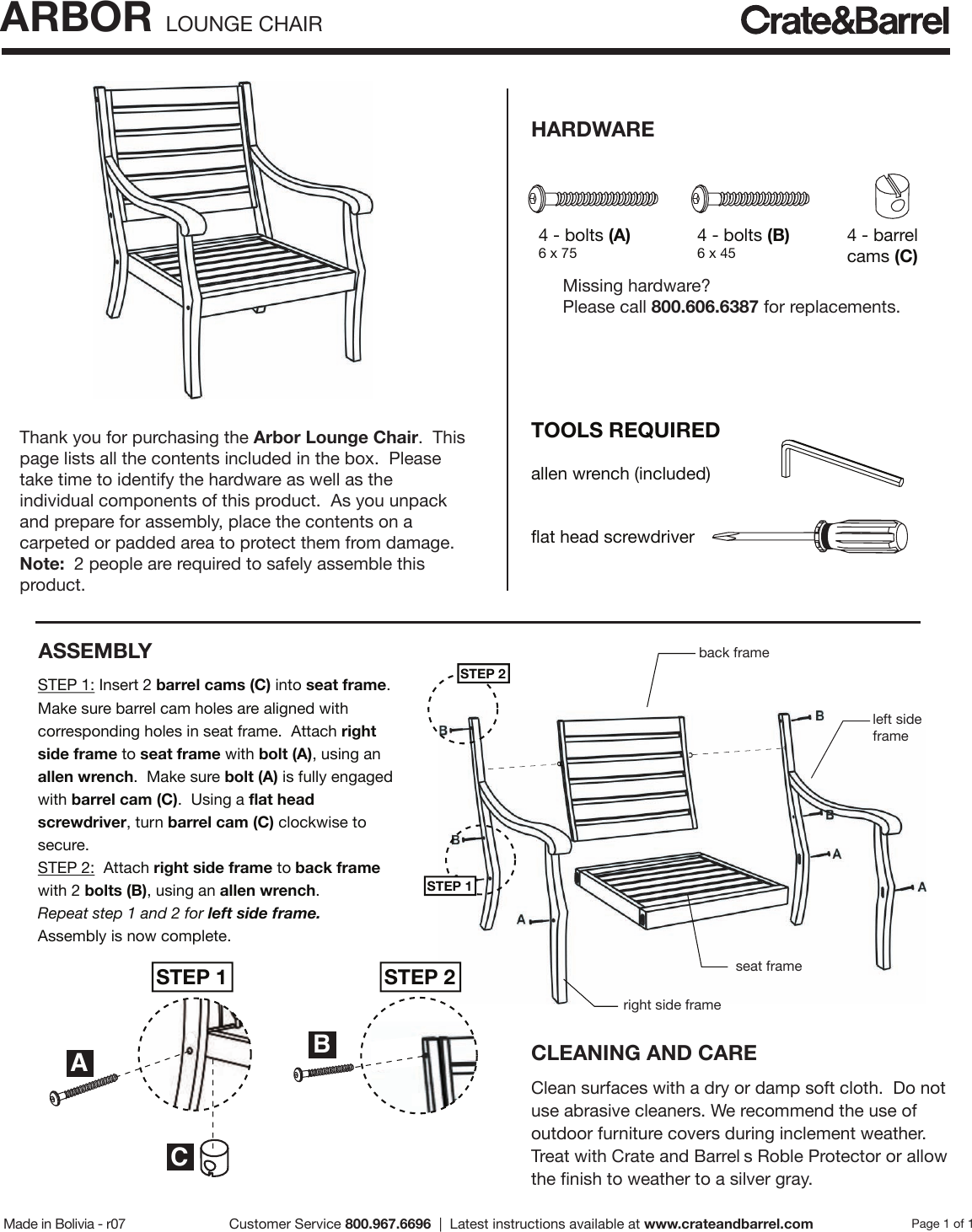 Page 1 of 1 - Crate-Barrel 214-Arbor-Lounge-Chair Arbor Lounge Chair Assembly Instructions From Crate And Barrel