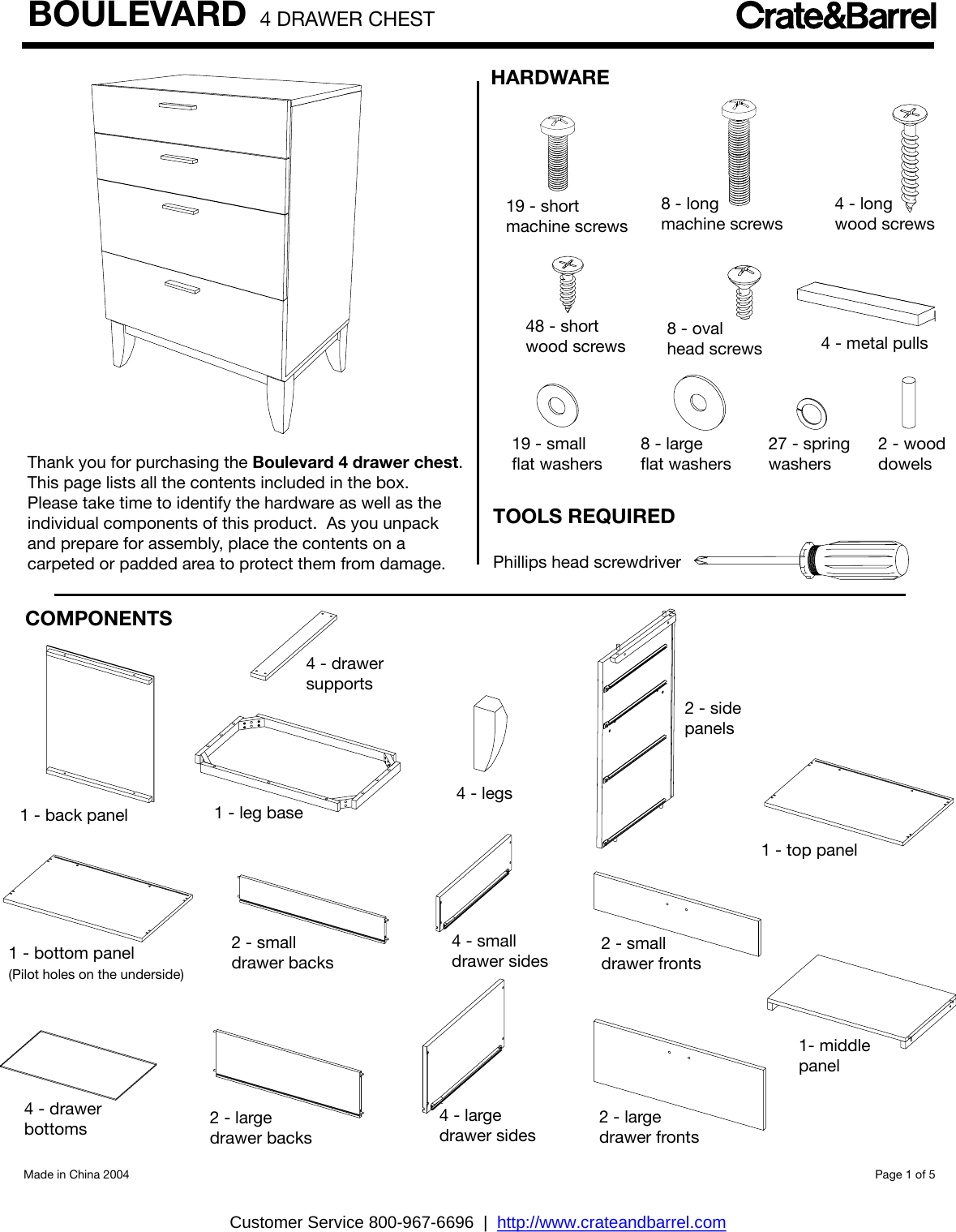 Page 1 of 5 - Crate-Barrel 297-Boulevard-Four-Drawer-Chest Boulevard Four-Drawer Chest Assembly Instructions From Crate And Barrel