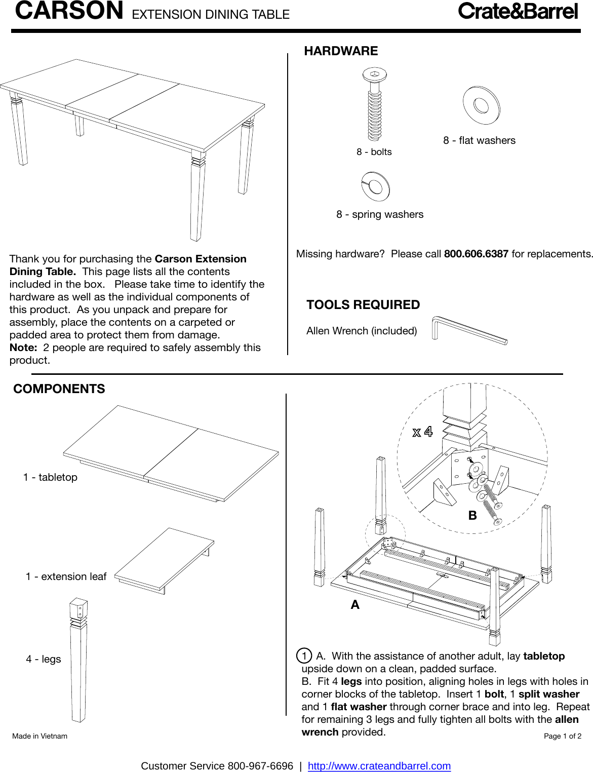 Page 1 of 2 - Crate-Barrel 363-Carson-Extension-Dining-Table Carson Extension Dining Table Assembly Instructions From Crate And Barrel