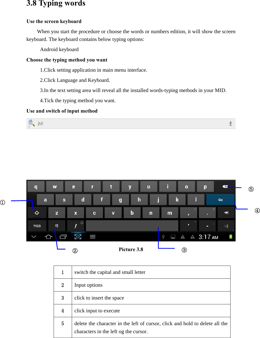 3.8 Typing words Use the screen keyboard When you start the procedure or choose the words or numbers edition, it will show the screen keyboard. The keyboard contains below typing options: Android keyboard Choose the typing method you want 1.Click setting application in main menu interface. 2.Click Language and Keyboard. 3.In the text setting area will reveal all the installed words-typing methods in your MID.   4.Tick the typing method you want. Use and switch of input method  Picture 3.8  1  switch the capital and small letter   2  Input options 3  click to insert the space 4  click input to execute 5  delete the character in the left of cursor, click and hold to delete all the characters in the left og the cursor. ①②③⑤④