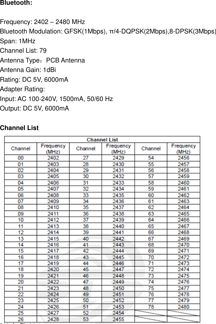 Bluetooth:  Frequency: 2402 – 2480 MHz   Bluetooth Modulation: GFSK(1Mbps), π/4-DQPSK(2Mbps),8-DPSK(3Mbps) Span: 1MHz Channel List: 79 Antenna Type：PCB Antenna Antenna Gain: 1dBi Rating: DC 5V, 6000mA Adapter Rating:   Input: AC 100-240V, 1500mA, 50/60 Hz   Output: DC 5V, 6000mA  Channel List            