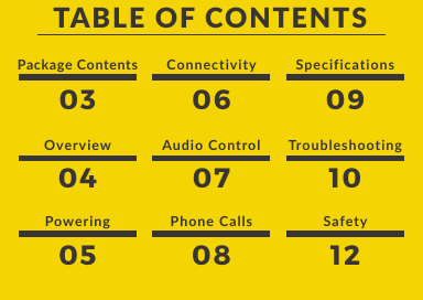 203Package Contents06 09Connectivity SpecificationsOverview04 07Audio Control10TroubleshootingPowering Phone Calls05 08 12SafetyTABLE OF CONTENTS