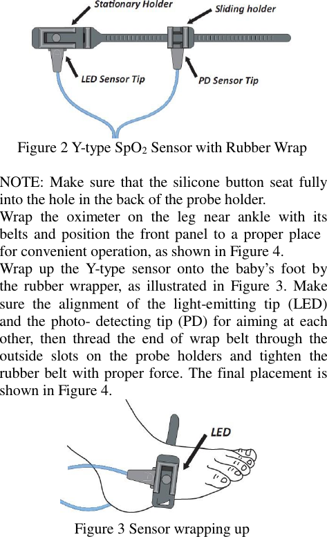   Figure 2 Y-type SpO2 Sensor with Rubber Wrap  NOTE: Make sure that the silicone button seat fully into the hole in the back of the probe holder. Wrap  the  oximeter  on  the  leg  near  ankle  with  its belts and position the front panel  to a proper place for convenient operation, as shown in Figure 4. Wrap up  the  Y-type  sensor  onto  the  baby’s  foot  by the rubber wrapper,  as illustrated  in  Figure  3. Make sure  the  alignment  of  the  light-emitting  tip  (LED) and the photo- detecting tip (PD) for aiming at each other,  then  thread  the  end  of  wrap  belt  through  the outside  slots  on  the  probe  holders  and  tighten  the rubber belt with proper force. The final placement is shown in Figure 4.         Figure 3 Sensor wrapping up 