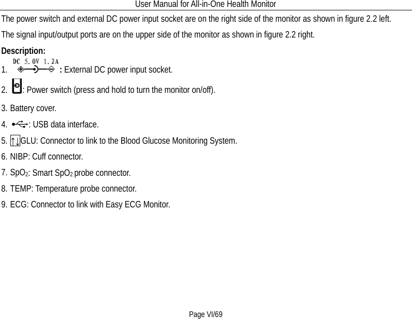 User Manual for All-in-One Health Monitor     Page VI/69 The power switch and external DC power input socket are on the right side of the monitor as shown in figure 2.2 left. The signal input/output ports are on the upper side of the monitor as shown in figure 2.2 right. Description: 1. : External DC power input socket.   2. : Power switch (press and hold to turn the monitor on/off). 3. Battery cover.   4. : USB data interface. 5. ↑↓GLU: Connector to link to the Blood Glucose Monitoring System. 6. NIBP: Cuff connector. 7. SpO2: Smart SpO2 probe connector. 8. TEMP: Temperature probe connector. 9. ECG: Connector to link with Easy ECG Monitor.   