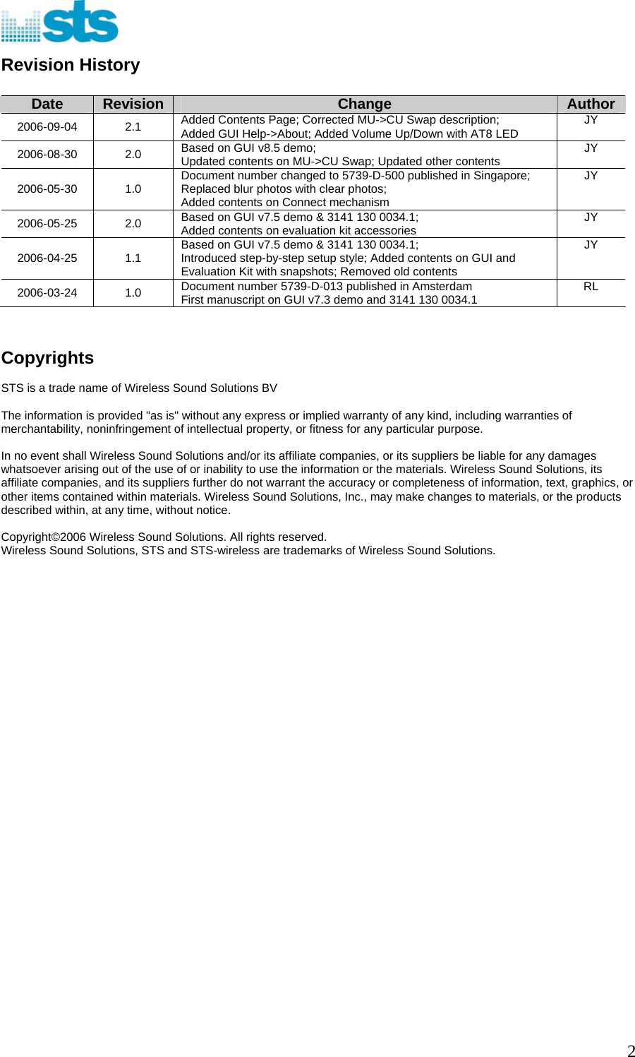  Revision History  Date  Revision  Change  Author 2006-09-04 2.1 Added Contents Page; Corrected MU-&gt;CU Swap description;  Added GUI Help-&gt;About; Added Volume Up/Down with AT8 LED  JY 2006-08-30 2.0 Based on GUI v8.5 demo;  Updated contents on MU-&gt;CU Swap; Updated other contents  JY 2006-05-30 1.0 Document number changed to 5739-D-500 published in Singapore; Replaced blur photos with clear photos;  Added contents on Connect mechanism JY 2006-05-25 2.0 Based on GUI v7.5 demo &amp; 3141 130 0034.1;  Added contents on evaluation kit accessories  JY 2006-04-25 1.1 Based on GUI v7.5 demo &amp; 3141 130 0034.1;  Introduced step-by-step setup style; Added contents on GUI and Evaluation Kit with snapshots; Removed old contents JY 2006-03-24 1.0 Document number 5739-D-013 published in Amsterdam First manuscript on GUI v7.3 demo and 3141 130 0034.1 RL   Copyrights  STS is a trade name of Wireless Sound Solutions BV  The information is provided &quot;as is&quot; without any express or implied warranty of any kind, including warranties of merchantability, noninfringement of intellectual property, or fitness for any particular purpose.   In no event shall Wireless Sound Solutions and/or its affiliate companies, or its suppliers be liable for any damages whatsoever arising out of the use of or inability to use the information or the materials. Wireless Sound Solutions, its affiliate companies, and its suppliers further do not warrant the accuracy or completeness of information, text, graphics, or other items contained within materials. Wireless Sound Solutions, Inc., may make changes to materials, or the products described within, at any time, without notice.   Copyright©2006 Wireless Sound Solutions. All rights reserved.  Wireless Sound Solutions, STS and STS-wireless are trademarks of Wireless Sound Solutions.                                  2