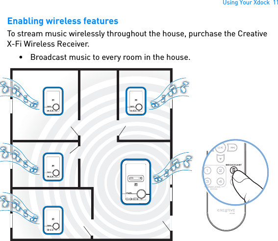 Using Your Xdock  11Enabling wireless featuresTo stream music wirelessly throughout the house, purchase the CreativeX-Fi Wireless Receiver.• Broadcast music to every room in the house. 