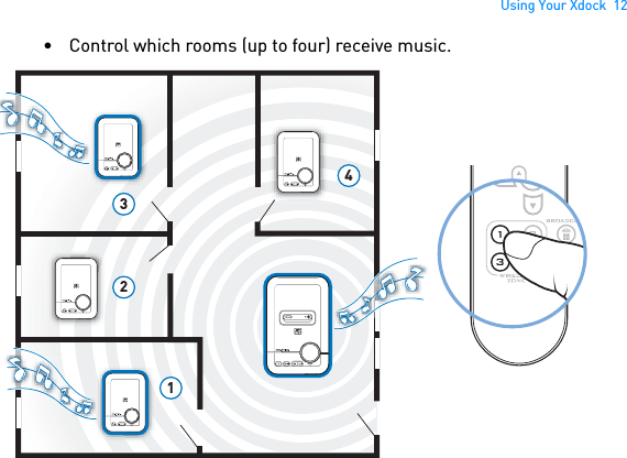 Using Your Xdock  12• Control which rooms (up to four) receive music. 1234