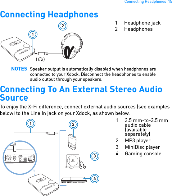 Connecting Headphones  15Connecting Headphones  Connecting To An External Stereo Audio SourceTo enjoy the X-Fi difference, connect external audio sources (see examples below) to the Line In jack on your Xdock, as shown below. NOTES Speaker output is automatically disabled when headphones are connected to your Xdock. Disconnect the headphones to enable audio output through your speakers.121 Headphone jack2 Headphones41321 3.5 mm-to-3.5 mm audio cable (available separately)2MP3 player3 MiniDisc player4Gaming console