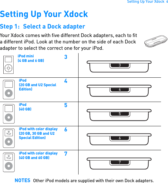 Setting Up Your Xdock  4Setting Up Your XdockStep 1: Select a Dock adapterYour Xdock comes with five different Dock adapters, each to fit a different iPod. Look at the number on the side of each Dock adapter to select the correct one for your iPod.   iPod mini (4 GB and 6 GB) 3iPod(20 GB and U2 Special Edition)4iPod(40 GB) 5iPod with color display(20 GB, 30 GB and U2 Special Edition)6iPod with color display(40 GB and 60 GB) 7NOTES Other iPod models are supplied with their own Dock adapters.34567