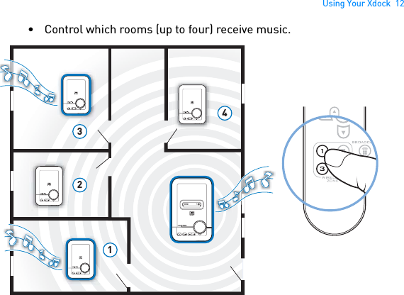 Using Your Xdock  12• Control which rooms (up to four) receive music. 1234