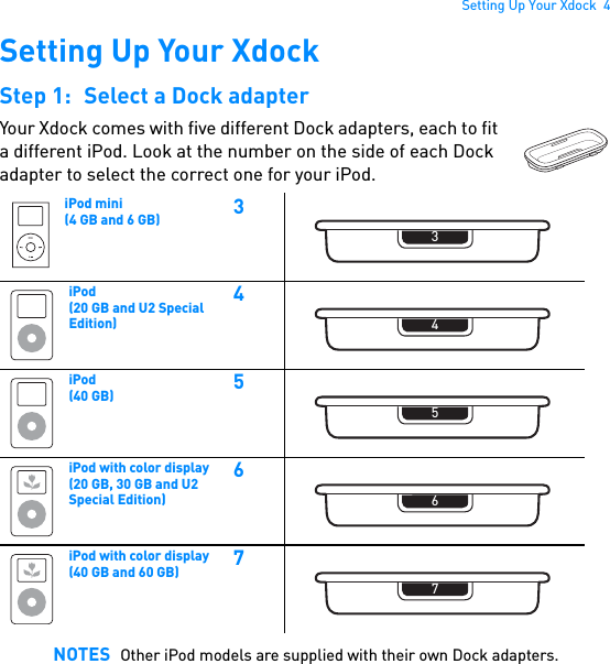 Setting Up Your Xdock  4Setting Up Your XdockStep 1: Select a Dock adapterYour Xdock comes with five different Dock adapters, each to fit a different iPod. Look at the number on the side of each Dock adapter to select the correct one for your iPod.   iPod mini (4 GB and 6 GB) 3iPod(20 GB and U2 Special Edition)4iPod(40 GB) 5iPod with color display(20 GB, 30 GB and U2 Special Edition)6iPod with color display(40 GB and 60 GB) 7NOTES Other iPod models are supplied with their own Dock adapters.34567