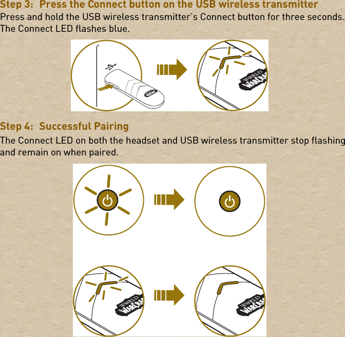 Step 3: Press the Connect button on the USB wireless transmitterPress and hold the USB wireless transmitter’s Connect button for three seconds. The Connect LED flashes blue.Step 4: Successful PairingThe Connect LED on both the headset and USB wireless transmitter stop flashing and remain on when paired.