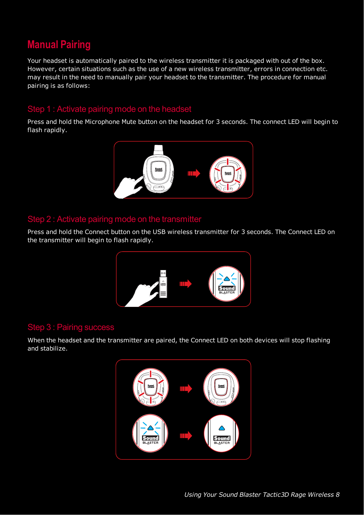 Using Your Sound Blaster Tactic3D Rage Wireless 8Manual PairingYour headset is automatically paired to the wireless transmitter it is packaged with out of the box.However, certain situations such as the use of a new wireless transmitter, errors in connection etc.may result in the need to manually pair your headset to the transmitter. The procedure for manualpairing is as follows:Step 1 : Activate pairing mode on the headsetPress and hold the Microphone Mute button on the headset for 3 seconds. The connect LED will begin toflash rapidly.Step 2 : Activate pairing mode on the transmitterPress and hold the Connect button on the USB wireless transmitter for 3 seconds. The Connect LEDonthe transmitter will begin to flash rapidly.Step 3 :Pairing successWhen the headset and the transmitter are paired, the Connect LEDon both devices will stop flashingand stabilize.