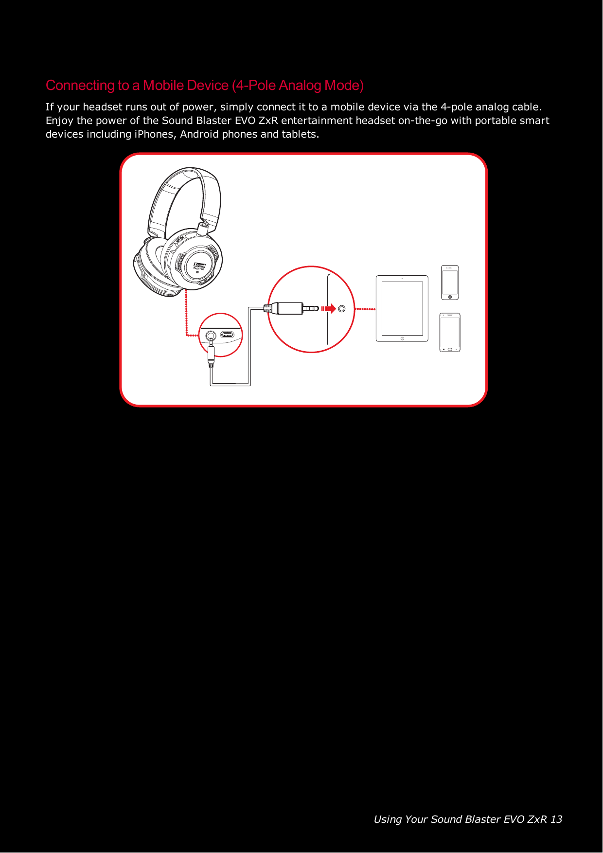 Using Your Sound Blaster EVO ZxR 13Connecting to a Mobile Device (4-Pole Analog Mode)If your headset runs out of power, simply connect it to a mobile device via the 4-pole analog cable.Enjoy the power of the Sound Blaster EVO ZxR entertainment headset on-the-go with portable smartdevices including iPhones, Android phones and tablets.