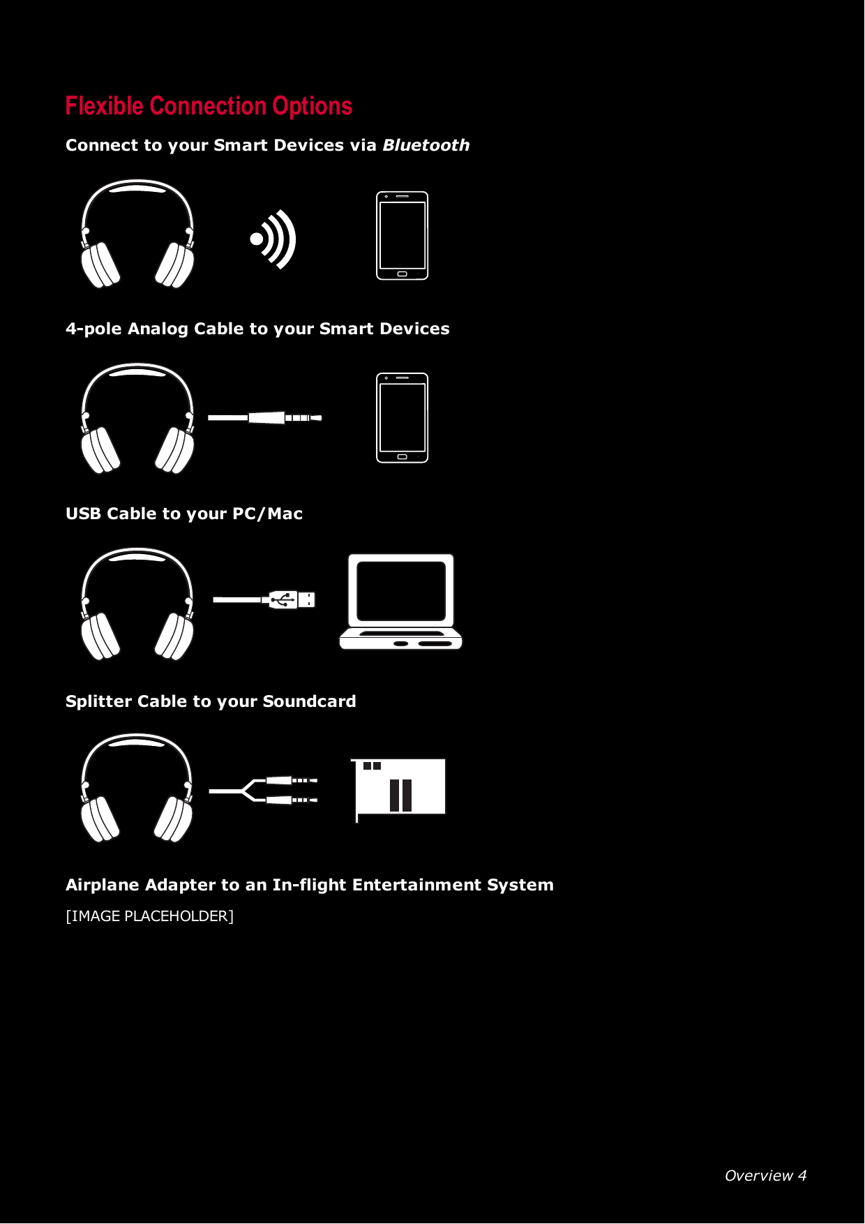 Overview 4Flexible Connection OptionsConnect to your Smart Devices via Bluetooth4-pole Analog Cable to your Smart DevicesUSBCable to your PC/MacSplitter Cable to your SoundcardAirplane Adapter to an In-flight Entertainment System[IMAGE PLACEHOLDER]