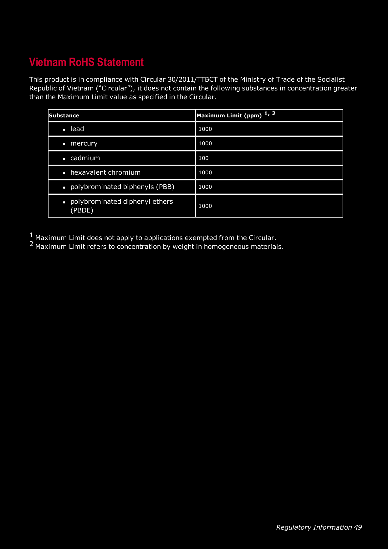 Regulatory Information 49Vietnam RoHS StatementThis product is in compliance with Circular 30/2011/TTBCT of the Ministry of Trade of the SocialistRepublic of Vietnam (“Circular”), it does not contain the following substances in concentration greaterthan the Maximum Limit value as specified in the Circular.Substance Maximum Limit (ppm) 1, 2llead 1000lmercury 1000lcadmium 100lhexavalent chromium 1000lpolybrominated biphenyls (PBB) 1000lpolybrominated diphenyl ethers(PBDE) 10001Maximum Limit does not apply to applications exempted from the Circular.2Maximum Limit refers to concentration by weight in homogeneous materials.