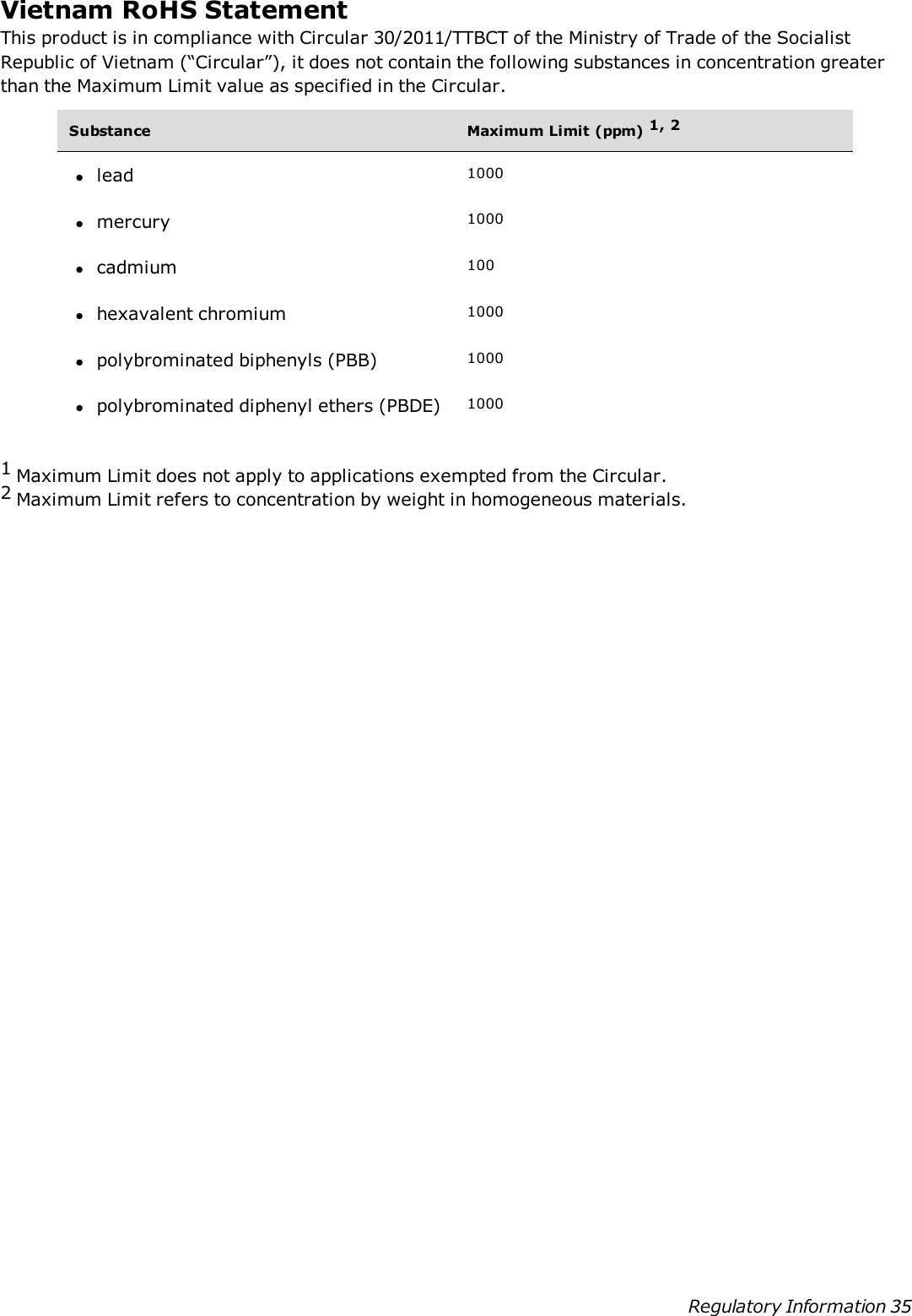 Vietnam RoHS StatementThis product is in compliance with Circular 30/2011/TTBCT of the Ministry of Trade of the SocialistRepublic of Vietnam (“Circular”), it does not contain the following substances in concentration greaterthan the Maximum Limit value as specified in the Circular.Substance Maximum Limit (ppm) 1, 2llead 1000lmercury 1000lcadmium 100lhexavalent chromium 1000lpolybrominated biphenyls (PBB) 1000lpolybrominated diphenyl ethers (PBDE) 10001Maximum Limit does not apply to applications exempted from the Circular.2Maximum Limit refers to concentration by weight in homogeneous materials.Regulatory Information 35