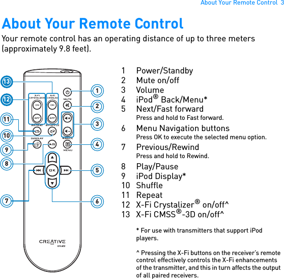 About Your Remote Control  3About Your Remote ControlYour remote control has an operating distance of up to three meters (approximately 9.8 feet). 312121374561098111 Power/Standby2 Mute on/off3Volume4iPod® Back/Menu*5 Next/Fast forwardPress and hold to Fast forward.6 Menu Navigation buttonsPress OK to execute the selected menu option.7Previous/RewindPress and hold to Rewind.8 Play/Pause9iPod Display*10 Shuffle11 Repeat12 X-Fi Crystalizer® on/off^13 X-Fi CMSS®-3D on/off^* For use with transmitters that support iPod players.^ Pressing the X-Fi buttons on the receiver’s remote control effectively controls the X-Fi enhancements of the transmitter, and this in turn affects the output of all paired receivers.