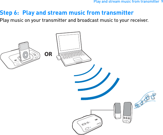 Play and stream music from transmitter  9Step 6: Play and stream music from transmitterPlay music on your transmitter and broadcast music to your receiver. BASSTREBLEOFFAUX INMAXVOLUMECONNECTPOWERPOWERCrystalizerCMSS-3DMENUOR