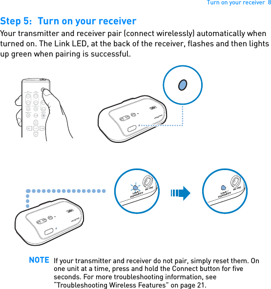 Turn on your receiver  8Step 5: Turn on your receiverYour transmitter and receiver pair (connect wirelessly) automatically when turned on. The Link LED, at the back of the receiver, flashes and then lights up green when pairing is successful.  NOTE If your transmitter and receiver do not pair, simply reset them. On one unit at a time, press and hold the Connect button for five seconds. For more troubleshooting information, see “Troubleshooting Wireless Features” on page 21.5V DCLINK / CONNECT5V DCLINK / CONNECT