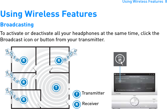 Using Wireless Features  8Using Wireless FeaturesBroadcastingTo activate or deactivate all your headphones at the same time, click the Broadcast icon or button from your transmitter.R RTRRTRTransmitterReceiver