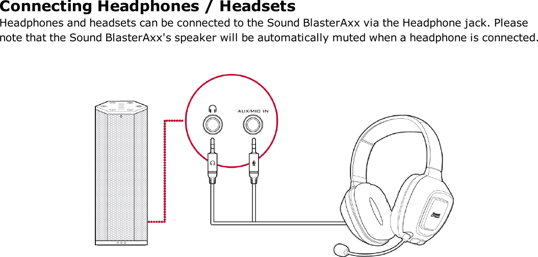 Connecting Headphones / HeadsetsHeadphones and headsets can be connected to the Sound BlasterAxx via the Headphone jack. Pleasenote that the Sound BlasterAxx&apos;s speaker will be automatically muted when a headphone is connected.
