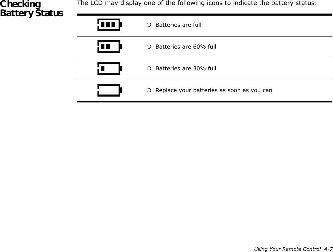 Using Your Remote Control  4-7Checking Battery Status The LCD may display one of the following icons to indicate the battery status:❍Batteries are full❍Batteries are 60% full❍Batteries are 30% full❍Replace your batteries as soon as you can