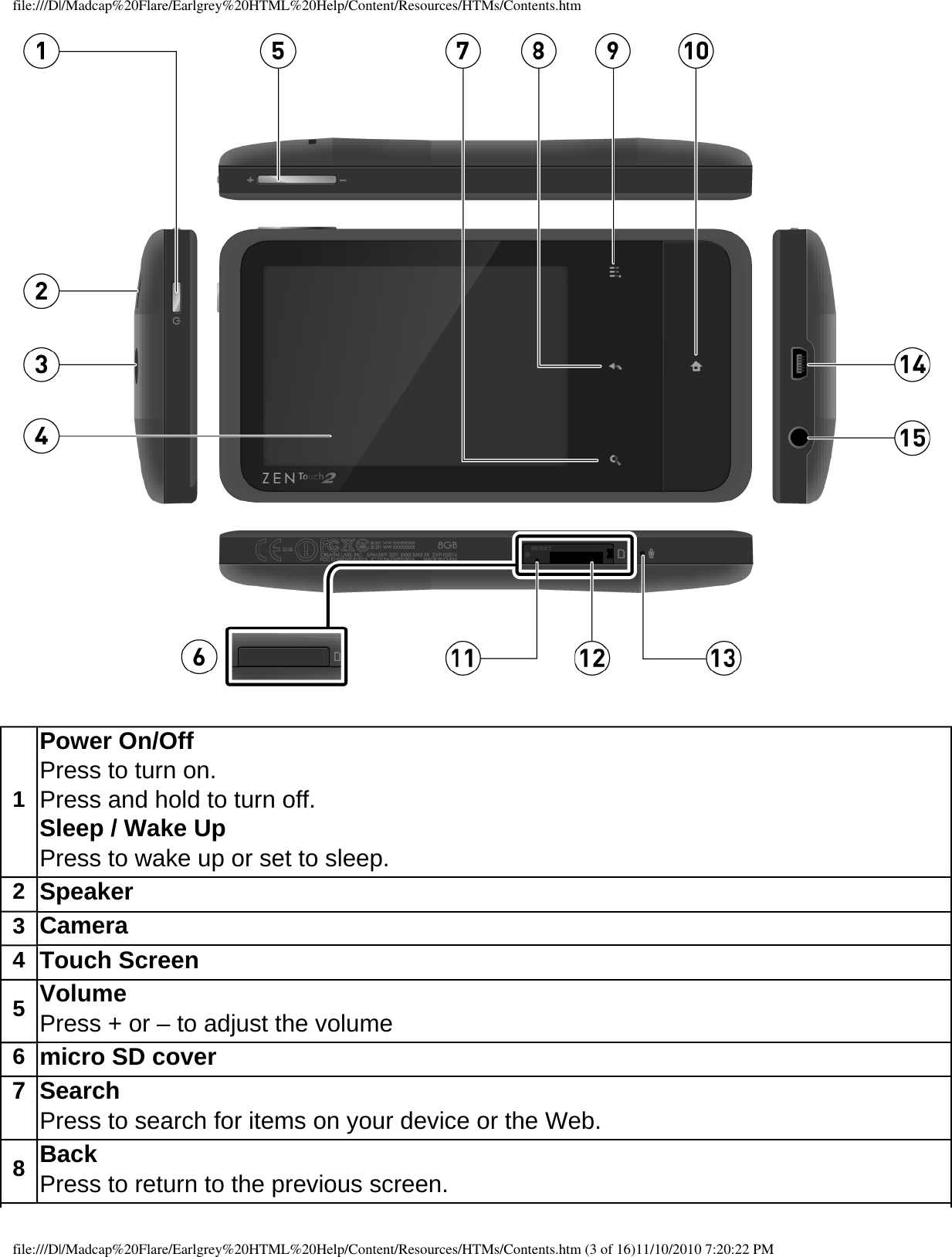 file:///D|/Madcap%20Flare/Earlgrey%20HTML%20Help/Content/Resources/HTMs/Contents.htm  1Power On/Off Press to turn on.Press and hold to turn off. Sleep / Wake Up Press to wake up or set to sleep. 2Speaker 3Camera4Touch Screen 5Volume Press + or – to adjust the volume6micro SD cover 7 Search Press to search for items on your device or the Web.8Back   Press to return to the previous screen. file:///D|/Madcap%20Flare/Earlgrey%20HTML%20Help/Content/Resources/HTMs/Contents.htm (3 of 16)11/10/2010 7:20:22 PM